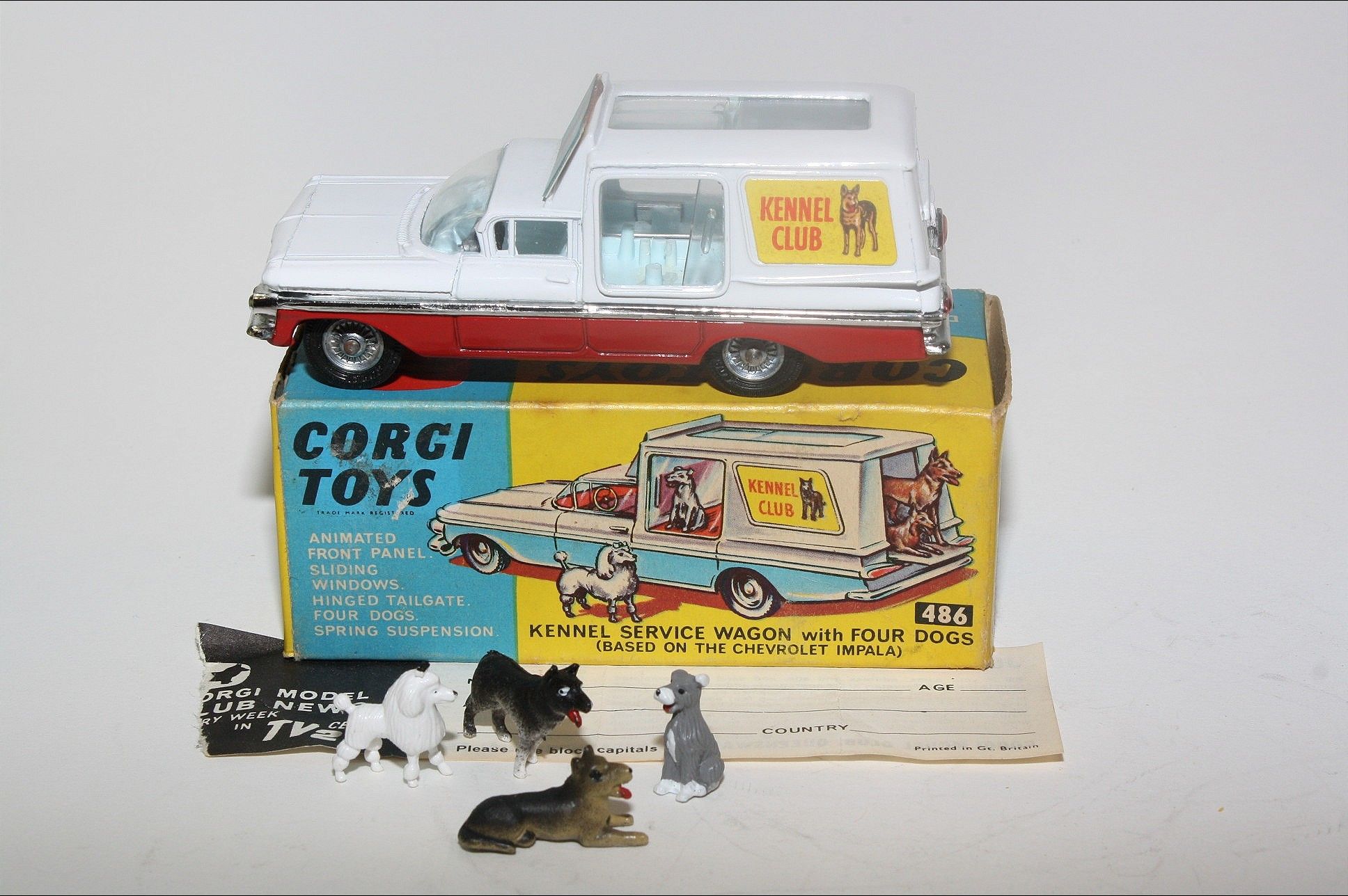 Vintage Corgi Toys 486 Chevrolet Impala Kennel Club & 3 Dogs Diecast  Vehicle 